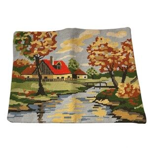Vintage Needlepoint Homestead Tapestry Pillow Cover only House Handmade 15x11.5